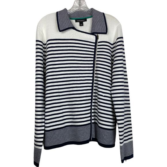 FOXCROFT Cardigan L 100% Cotton Navy White Striped Zip Front Coastal Beachy - Picture 4 of 11